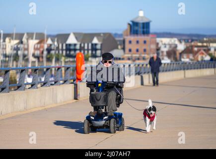 Senior man in a mobility scooter walking a dog on a lead along a riverside towpath in the UK. Stock Photo