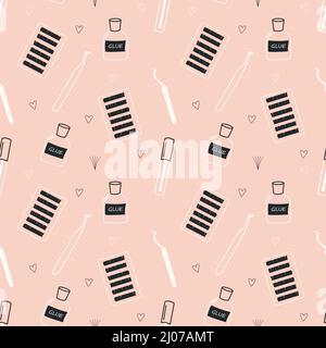 Eyelash extension tools, seamless pattern. Flat vector illustration. Stock Vector