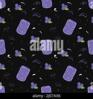 Seamless pattern with blueberries and blueberry smoothie. Float vector illustration for t-shirt prints, posters and other uses. Stock Vector
