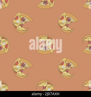 Seamless pattern with a skeleton on a surfboard on a wave in the form of pizza. Flat vector illustration Stock Vector