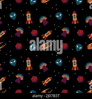 Hand drawn space elements seamless pattern. Vector flat illustrations for t-shirt prints, posters and other uses. Stock Vector