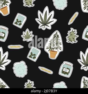 Hand drawn cannabis, marijuana elements seamless pattern. Vector flat illustrations for t-shirt prints, posters and other uses. Stock Vector