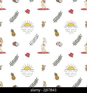 Hand drawn vector seamless pattern. Surfer woman, sun, coconuts and leaves. Stock Vector