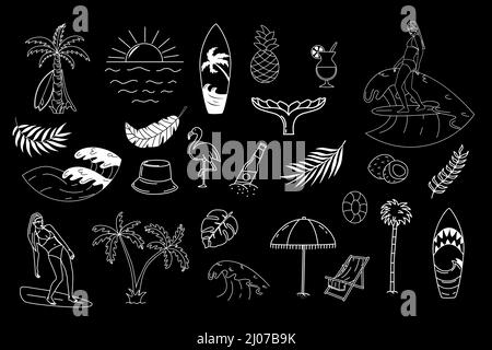 A set of elements with a surfing theme. Women surfers, palm trees, waves and more. Lineart Stock Vector