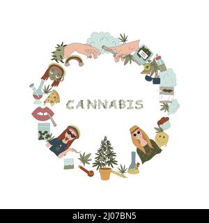 The concept of marijuana. Different elements in the circle and the word CANNABIS. Vector flat illustrations for t-shirt prints, posters and other uses Stock Vector