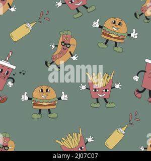 Seamless pattern with French fries, burgers and hot dog. Retro mascot characters. Flat vector illustration for t-shirt prints, posters and other uses. Stock Vector