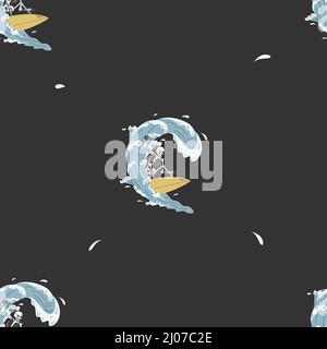 Seamless pattern with a skeleton on a surfboard on a wave. Flat vector illustration Stock Vector
