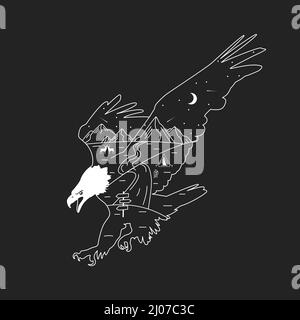 The silhouette of an eagle with mountains, a river and a tent. The concept of camping, traveling. Outline vector illustration for t-shirt prints, post Stock Vector