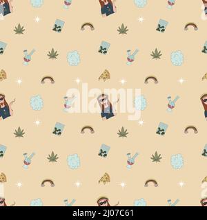 Hand drawn cannabis, marijuana elements seamless pattern. Vector flat illustrations for t-shirt prints, posters and other uses. Stock Vector