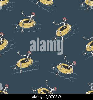 Seamless pattern with a skeleton in a swimming ring. Flat vector illustration Stock Vector
