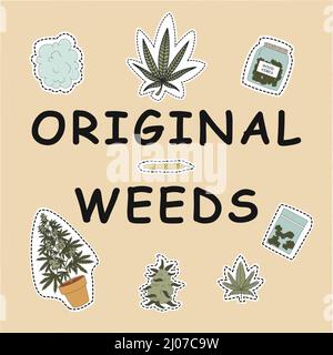 The inscription is the ORIGINAL SEEDS and elements of marijuana. Flat vector illustrations for t-shirt prints, posters and other uses. Stock Vector