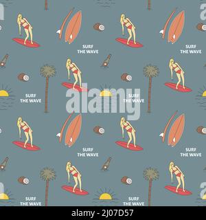 Hand drawn vector seamless pattern. Surfer woman, sun, coconuts and palm trees. Stock Vector