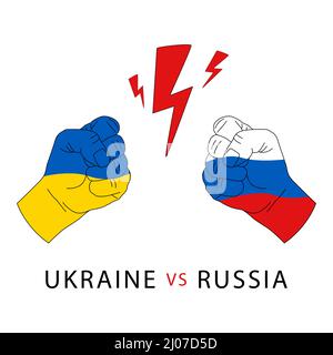 Hands clenched into fists in the colors of the flag of Ukraine and Russia. The concept of confrontation between Russia and Ukraine. No war Stock Vector
