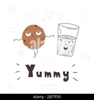 Cookies and glass of milk characters. YUMMY inscription. Hand drawn illustration Stock Vector