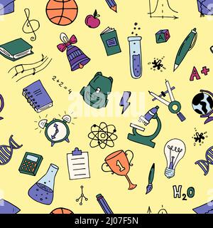 Vector hand drawn doodle cartoon set of school objects and symbols. Seamless pattern Stock Vector