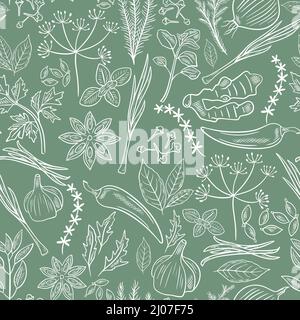 Spices, herbs and herbs hand engraved seamless pattern. Background natural culinary spices sketch. White flavored food additives. Template for packagi Stock Vector
