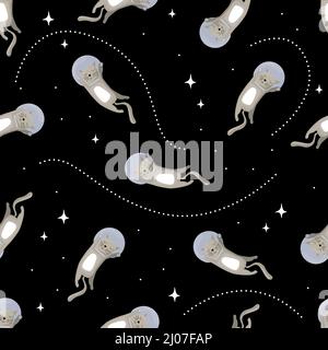 Doodle seamless pattern with cats in space. Cute flat vector illustration. Stock Vector