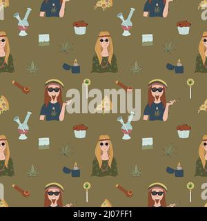 Hand drawn cannabis, marijuana elements seamless pattern. Vector flat illustrations for t-shirt prints, posters and other uses. Stock Vector