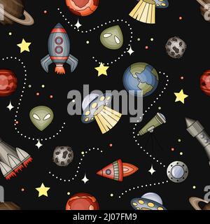 Doodle seamless pattern with space theme. Planets, stars, rockets on a black background. Cute flat vector illustration. Stock Vector