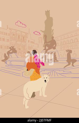 Beautiful woman standing with her dog in front of famous Neptune fountain while traveling in Florence city. Concept of summer vacation and visiting landmarks. Vector illustration Stock Vector