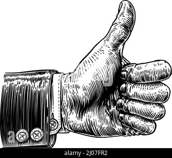 Thumbs Up Hand Sign Retro Vintage Woodcut Stock Vector