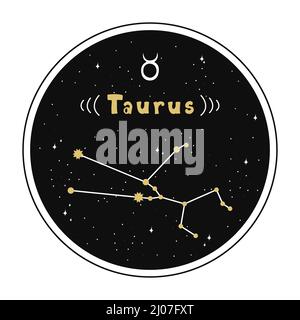 Taurus. Zodiac sign and constellation in a circle. Set of zodiac signs in doodle style, hand drawn. Stock Vector
