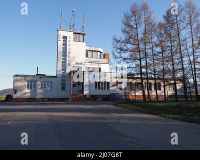 BIELSKO-BIALA, POLAND on APRIL 2020: View to aeroclub building at european city in Silesian district, clear blue sky in warm sunny spring day. Stock Photo