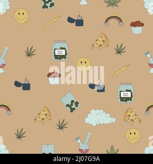 Hand drawn cannabis, marijuana elements seamless pattern. Lighter, pizza, cupcakes and more. Vector flat illustrations for t-shirt prints, posters and Stock Vector