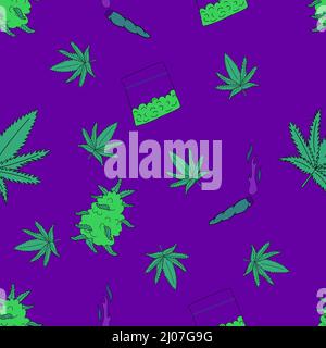 Seamless pattern with marijuana leaves and cigarette, flat vector illustration. For t-shirt prints and other uses. Stock Vector