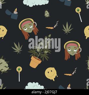 Hand drawn cannabis, marijuana elements seamless pattern. Lighter, pizza, cupcakes and more. Vector flat illustrations for t-shirt prints, posters and Stock Vector