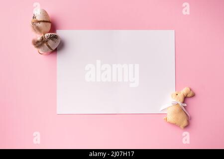 Holiday Mockup, Easter Mockup with decorative rabbit and eggs Stock Photo