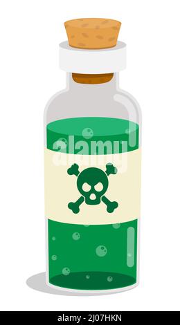 Glass bottle, test tube with cork with poisonous liquid inside. Hazardous substance, symbol of danger and threat to life and health. Cartoon vector is Stock Vector