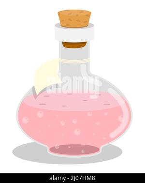 Glass bottle, test tube with cork with pink liquid inside. Love spell potion. Cartoon vector isolated on white background Stock Vector