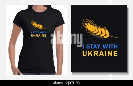 I stay with Ukraine. trend print 2022. support for ukraine. Ear of wheat. Stock Vector