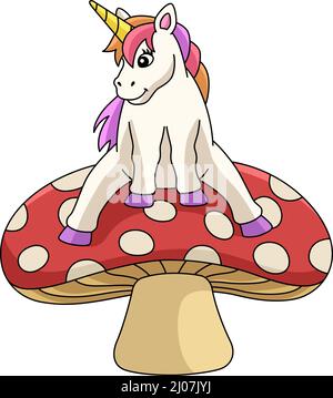 Unicorn Sitting On A Mushroom Cartoon Clipart  Stock Vector