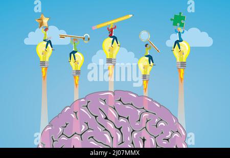 Professional women with different competense flying on light bulb rockets from brain. Brainstorming. Dimension 16:9. Vector illustration. Stock Vector