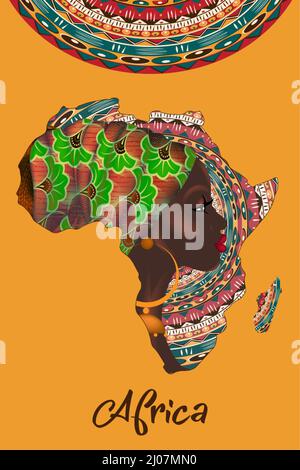 Concept of African woman, face profile silhouette with turban in the shape of a map of Africa. Colorful Afro print tribal logo design template. Vector Stock Vector