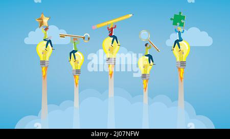 Businesswomen with different competence on light bulb rockets. Dimension 16:9. Vector illustration. Stock Vector