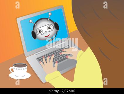Woman with chat bot on computor. Vector illustration. Dimension 16:9. Stock Vector