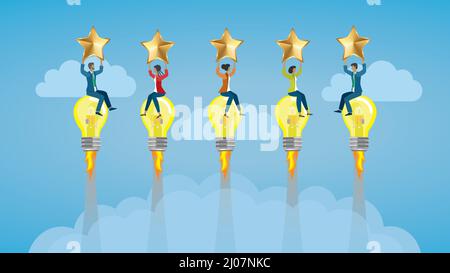 Group of businesspeople flying on light bulb rockets with golden stars. Dimension 16:9. Vector illustration. Stock Vector