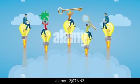 Professional People with different competense flying on light bulb rockets. Brainstorming. Dimension 16:9. Vector illustration. Stock Vector