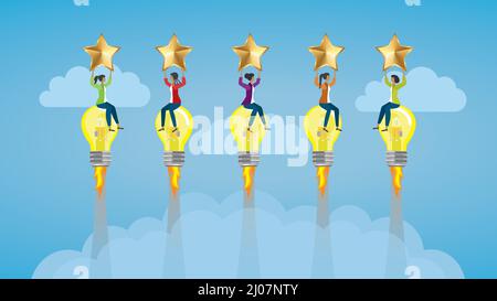 Group of businesspeople, women flying on light bulb rockets with golden stars. Dimension 16:9. Vector illustration. Stock Vector