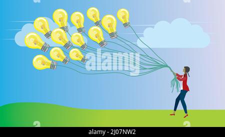 Woman trying to hold on to flying ideas. Light bulb looking like balloons. Dimension 16:9. Vector illustration. Stock Vector