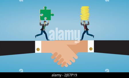 Agreement, handshake with two men meeting with puzzle piece and money. Vector illustration. Dimension 16:9. Stock Vector