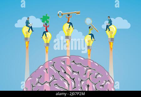 Brainstorming. Businesspeople with different skills flying on light bulb rockets. Dimension 16:9. Vector illustration. Stock Vector