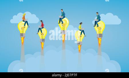 Businesspeople flying on light bulb rockets. Dimension 16:9. Vector illustration. Stock Vector