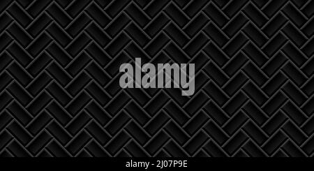Metro black tiles with herringbone pattern vector illustration. 3d subway diagonal seamless texture, modern ceramic bricks on wall, mosaic apron for k Stock Vector
