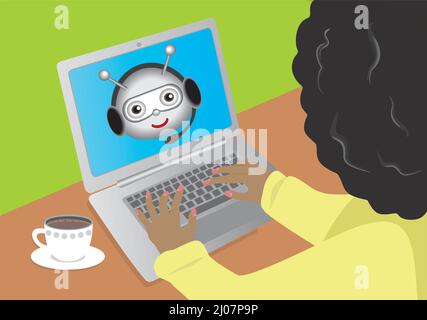 Chatbot with woman messaging and asking questions. Dimension 16:9.Vector illustration. Stock Vector