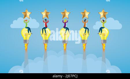 Businesswomen flying on light bulb rockets with five stars. Vector illustration. Dimension 16:9. Stock Vector