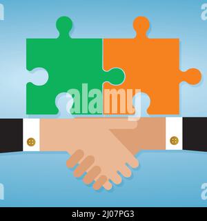 Agreement and handshake. Two puzzle, jigsaw pieces and hands. Vector illustration. Dimension 16:9. Stock Vector
